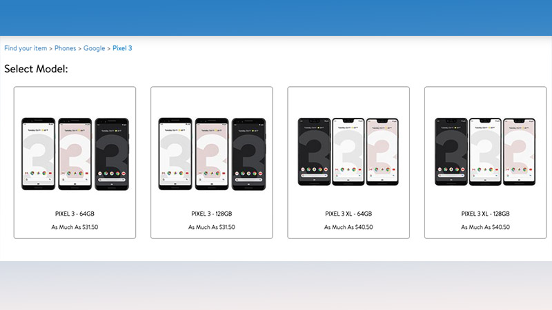 A number of different Pixel 3 model phones are shown