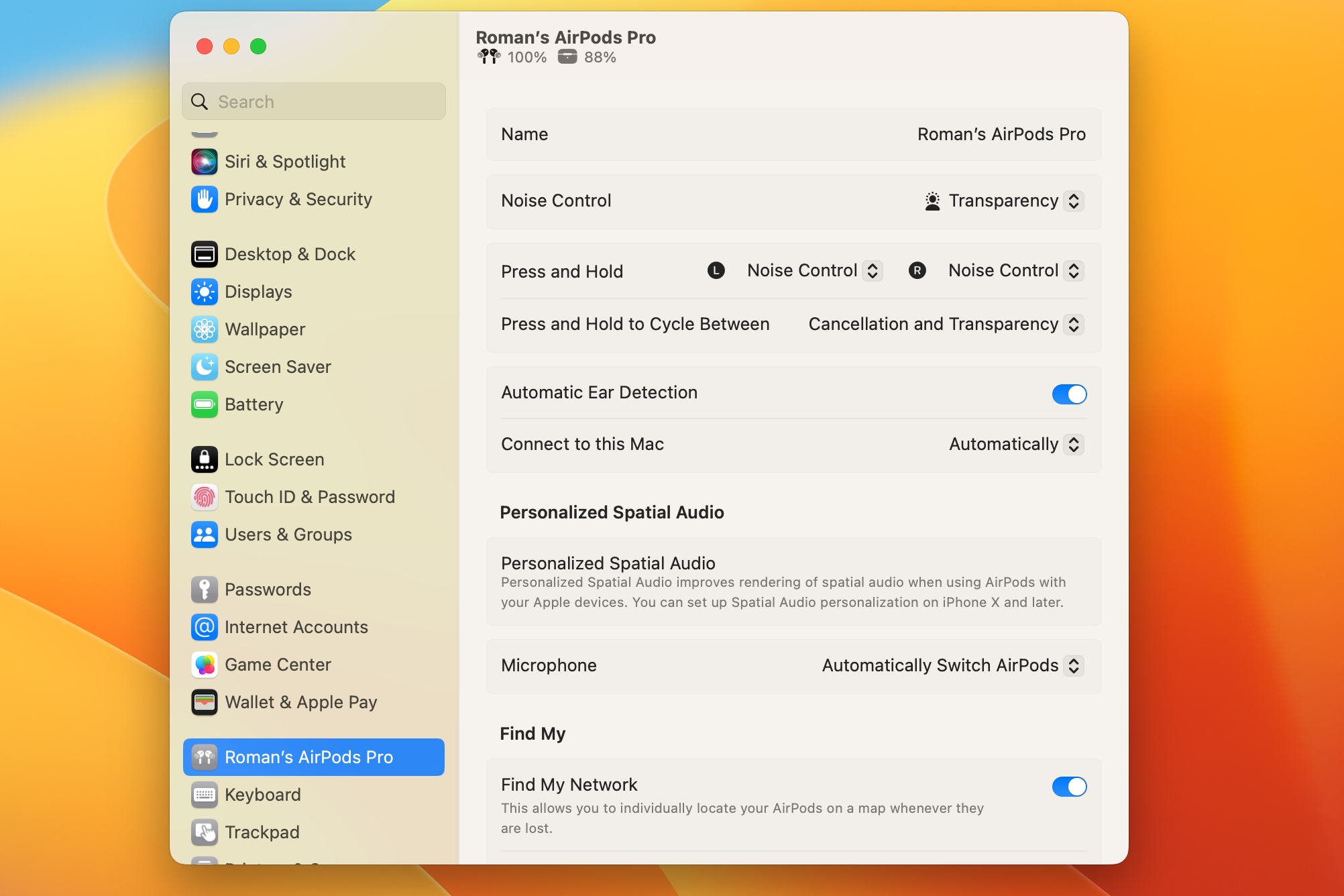 What the AirPods settings in macOS Ventura look like.