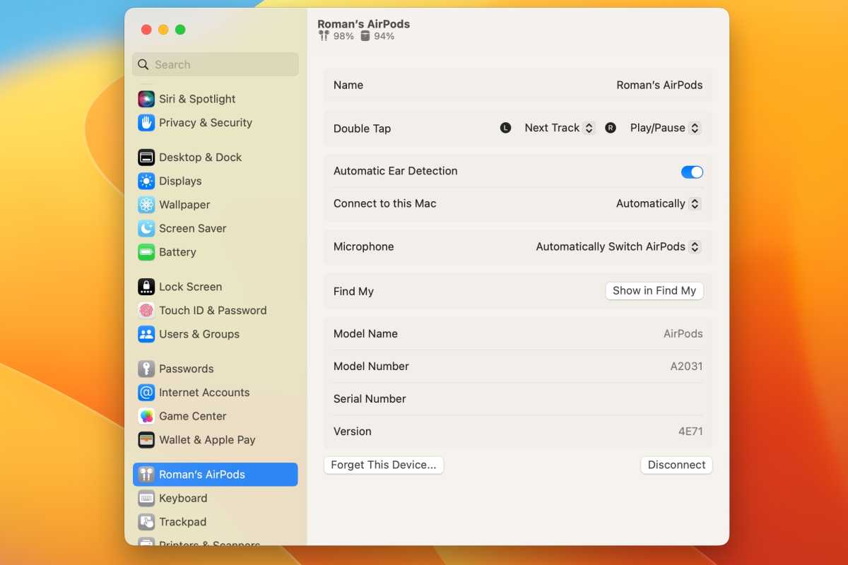 What the AirPods Pro settings in macOS Ventura look like.