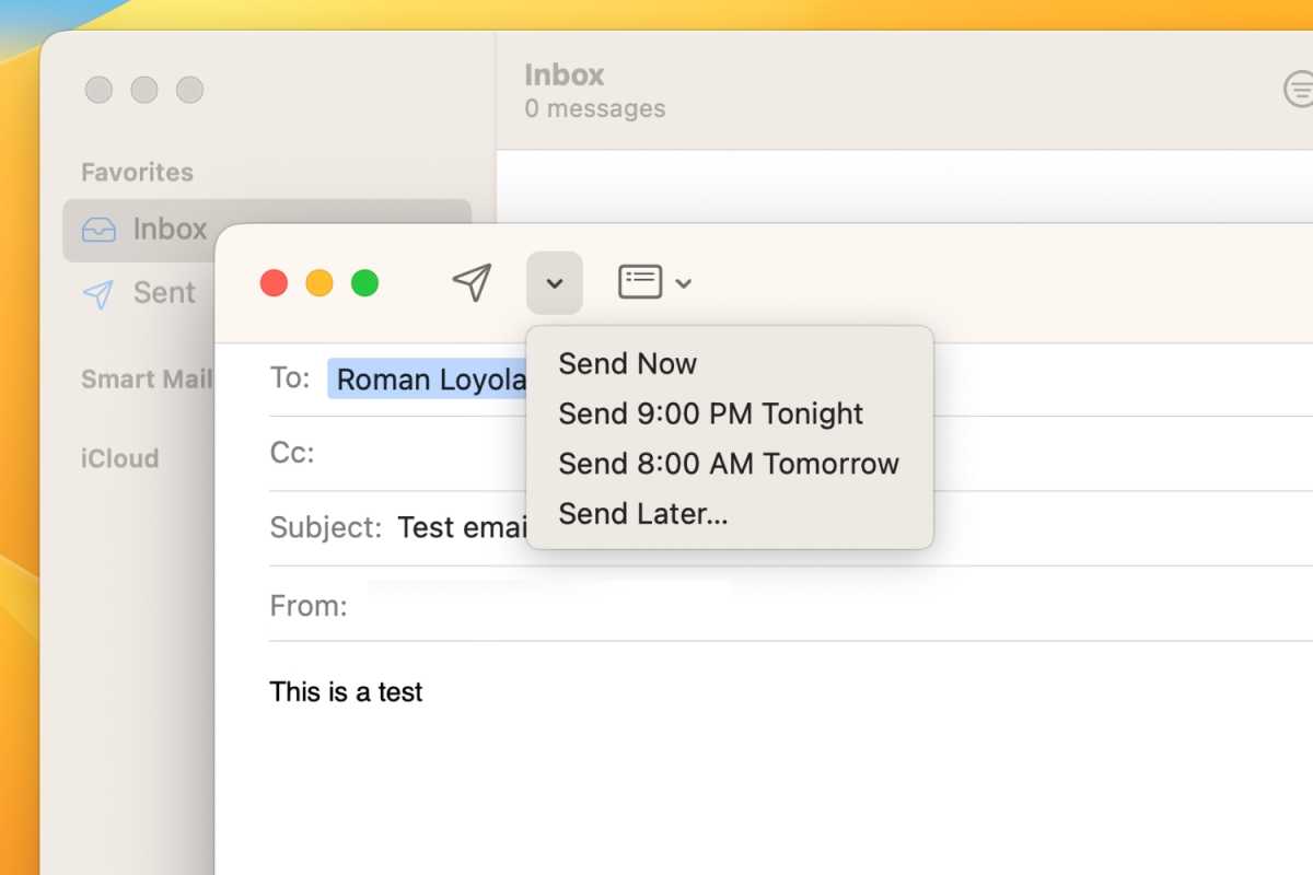 macOS Ventura's Mail'de uygulama, ne zaman e-posta göndermek istediğiniz konusunda önerilerde bulunur.