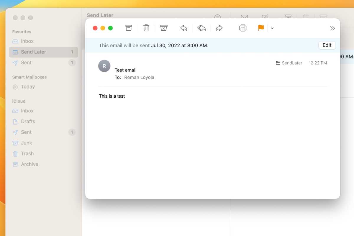 In macOS Ventura's Mail, messages scheduled to send at a later time are in a Send Later Mailbox