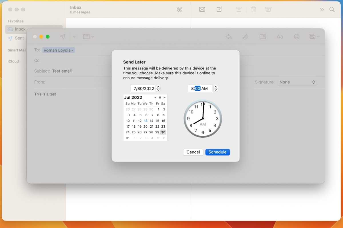 in macOS Ventura's Mail, you can set a specific time for when you want an email to actually send.