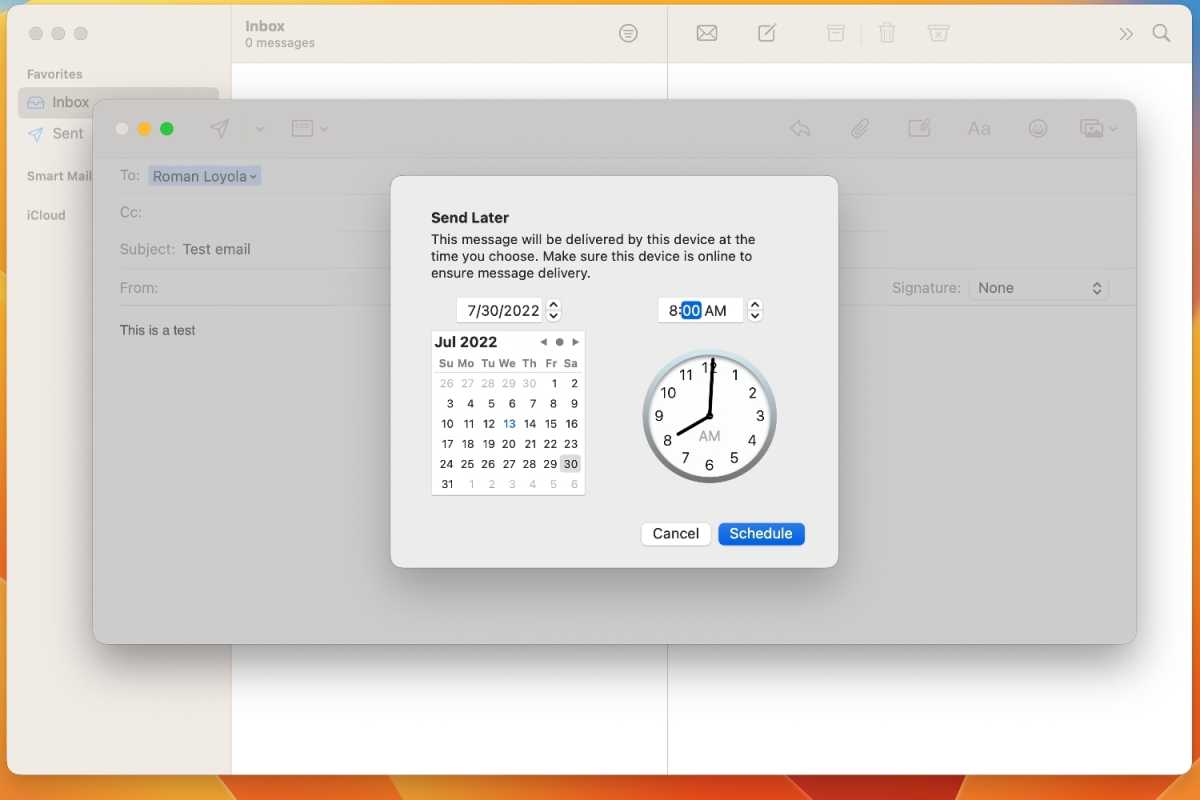 en MacOS Ventura's Mail, puede establecer una hora específica para cuando desea que se envíe un correo electrónico.