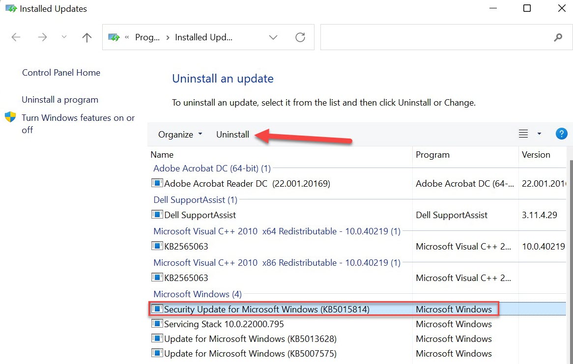 Windows 11 KB5014814 update uninstall options