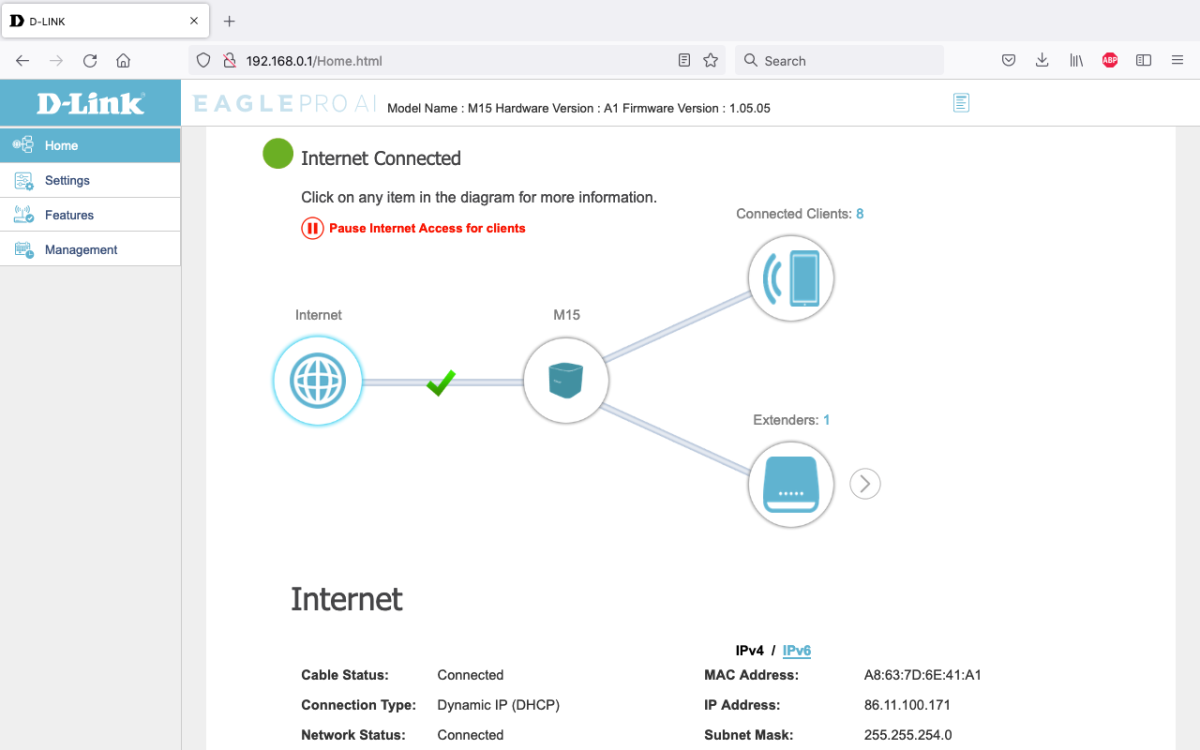 The desktop control panel of the D-Link M15 mesh Wi-Fi system