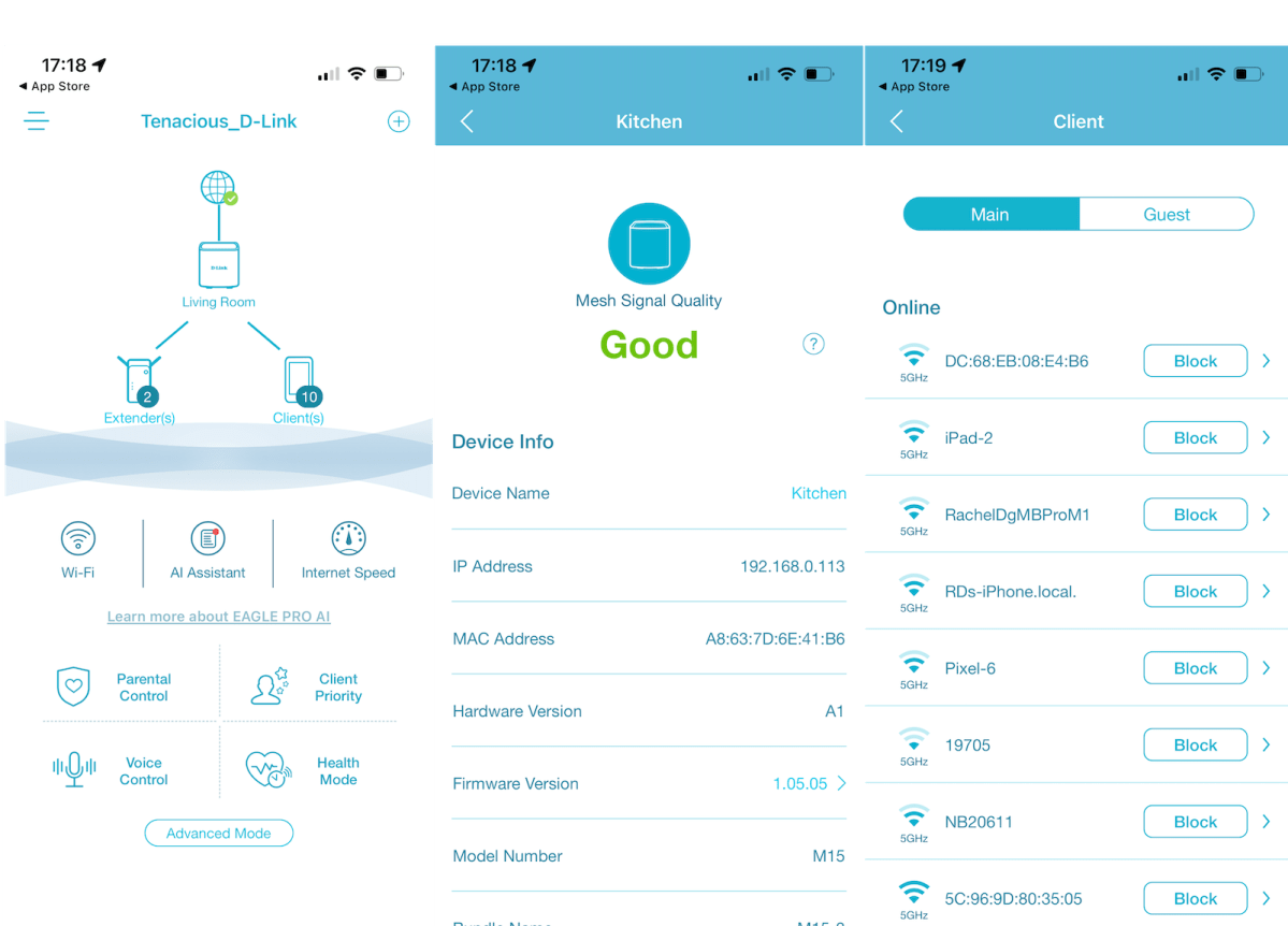 Screengrabs of the Eagle Pro AI iOS app, showing the network overview, access point status, and a list of connected client devices