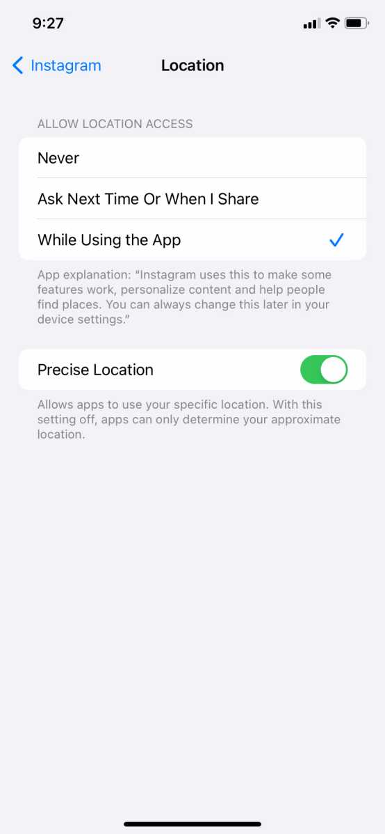 Instagram location settings in iOS