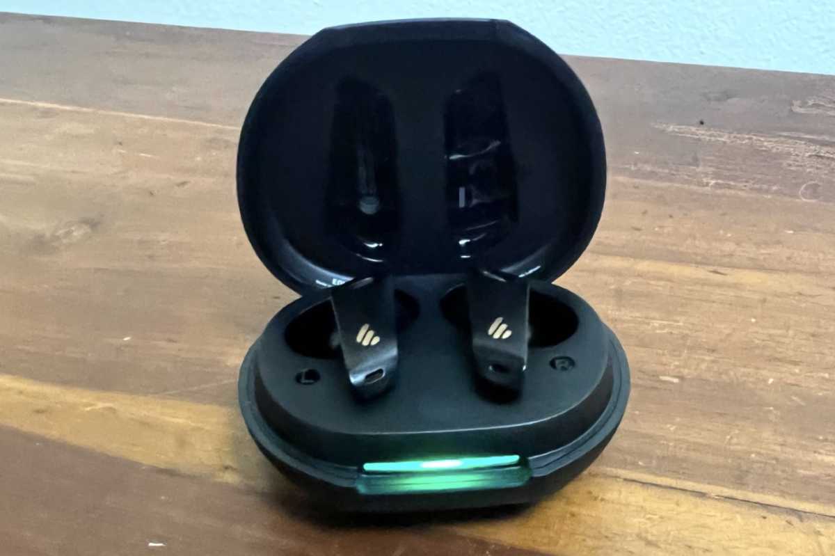 Edifier NeoBuds S case with lid open and earbuds inside