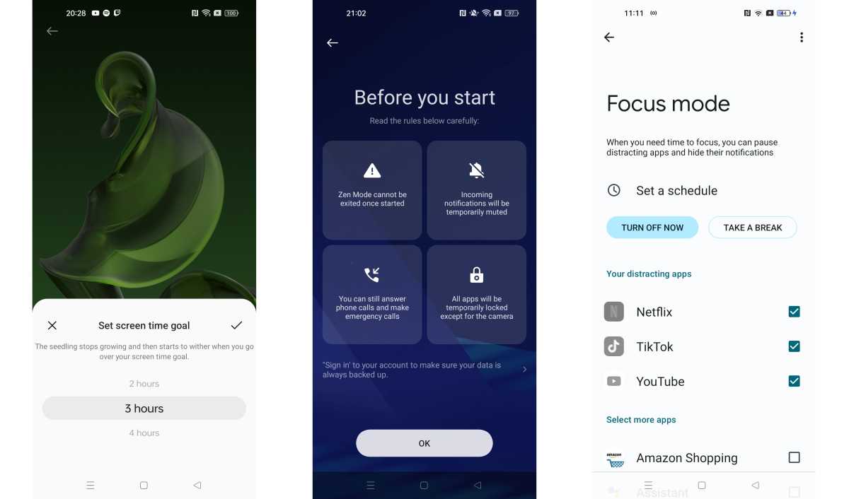 Oppo screen time, Zen Mode and Focus mode screenshots