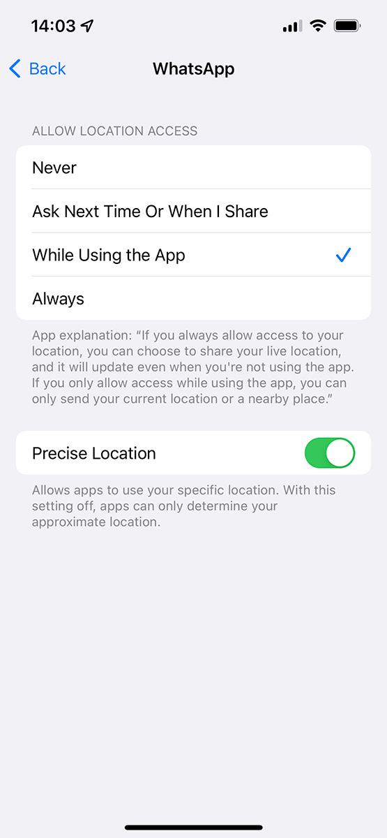 Location access settings for WhatsApp in iOS 15