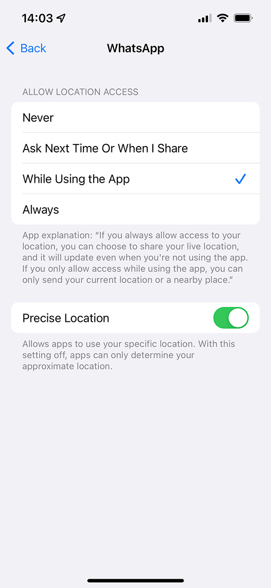 Location Access settings for WhatsApp in iOS 15