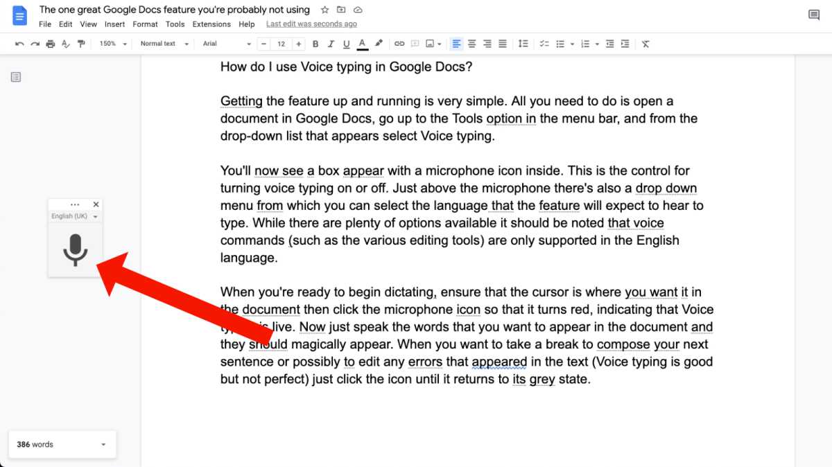 The microphone control for voice typing in Google Docs