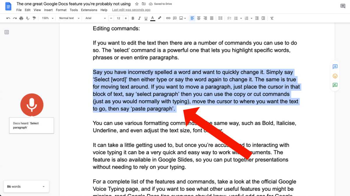 Using the Select Tool in voice typing on Google Docs