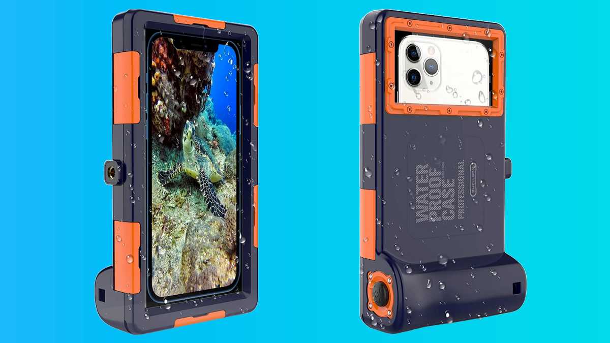 Waterproof iPhone case on a blue background