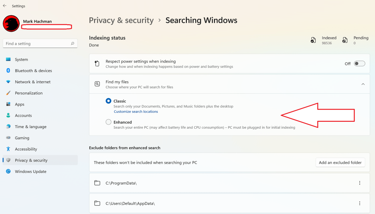 Windows 11 Search indexing options