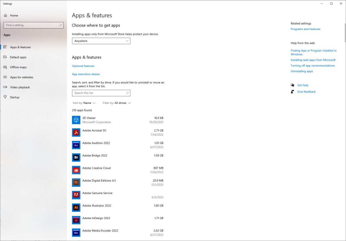 Apps & features settings in Windows 10