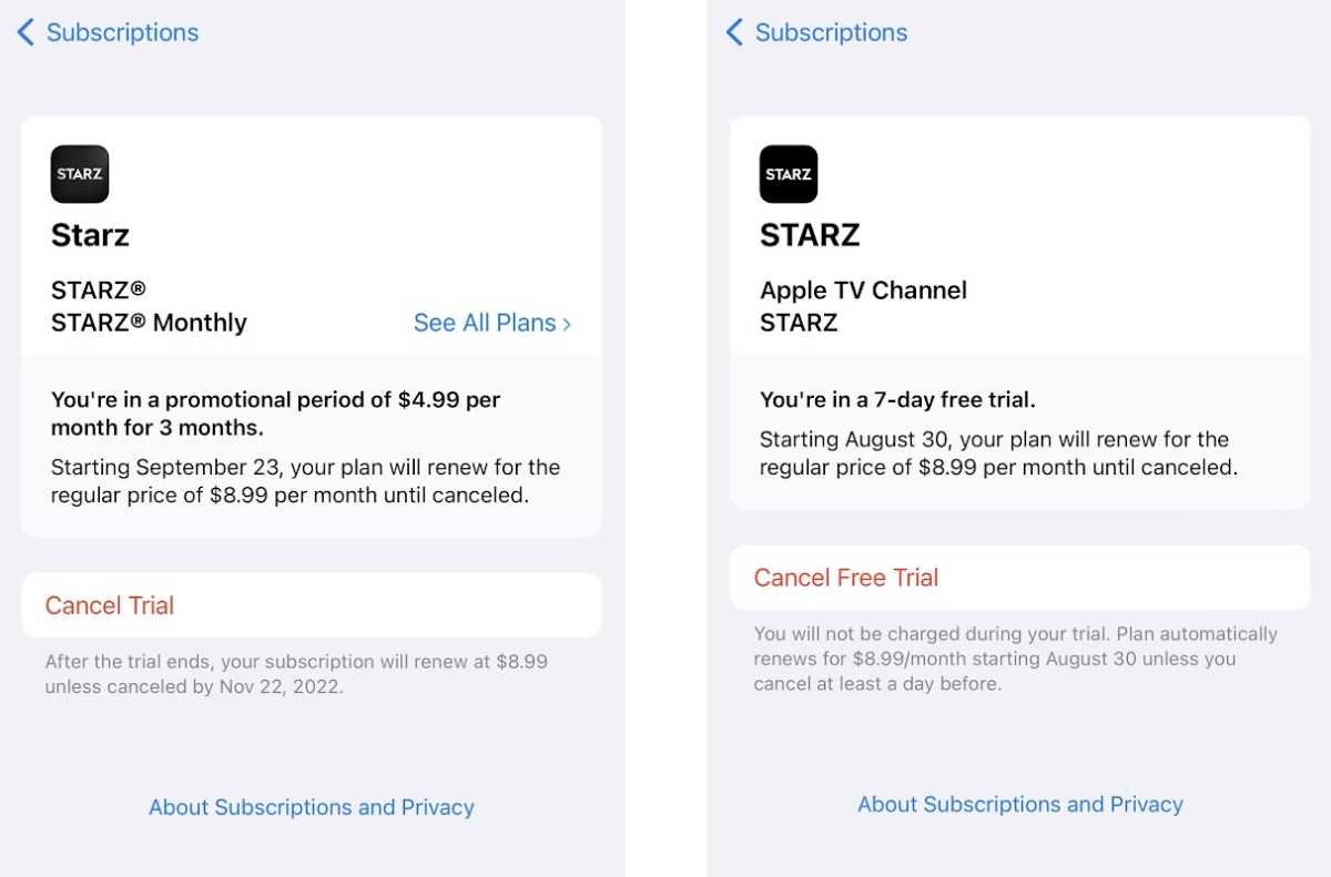 Apple Starz subscriptions