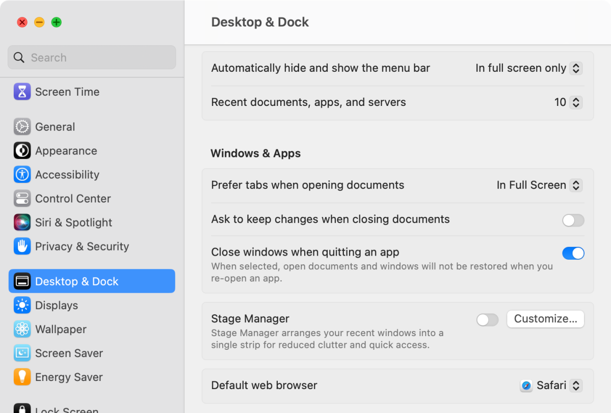 System settings in Ventura beta