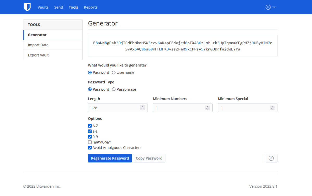 Bitwarden 2022 password generator in the web interface