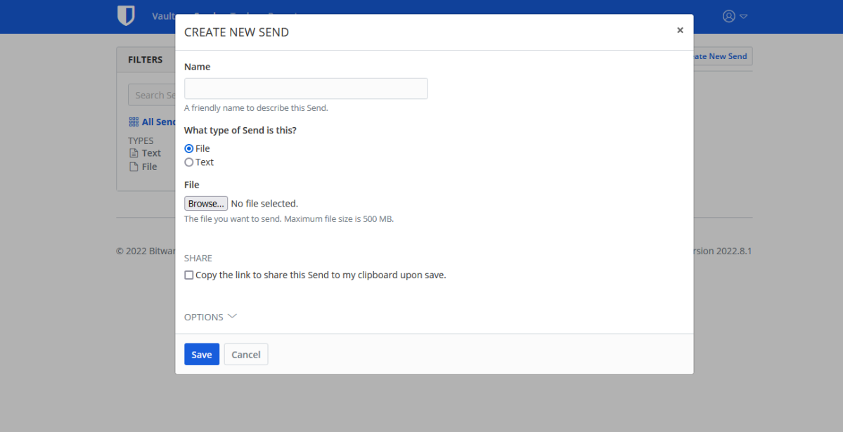 Bitwarden 2022 Send feature in the web interface