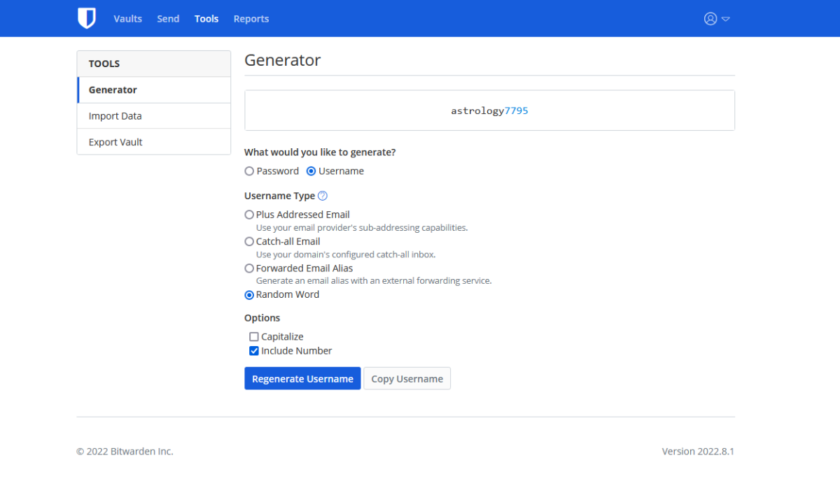 Bitwarden 2022 username generator in the web interface