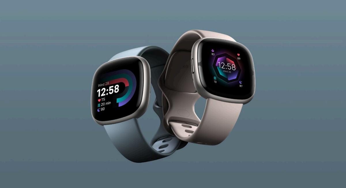 Fitbit Versa 4 and Sense 2 on a blue background