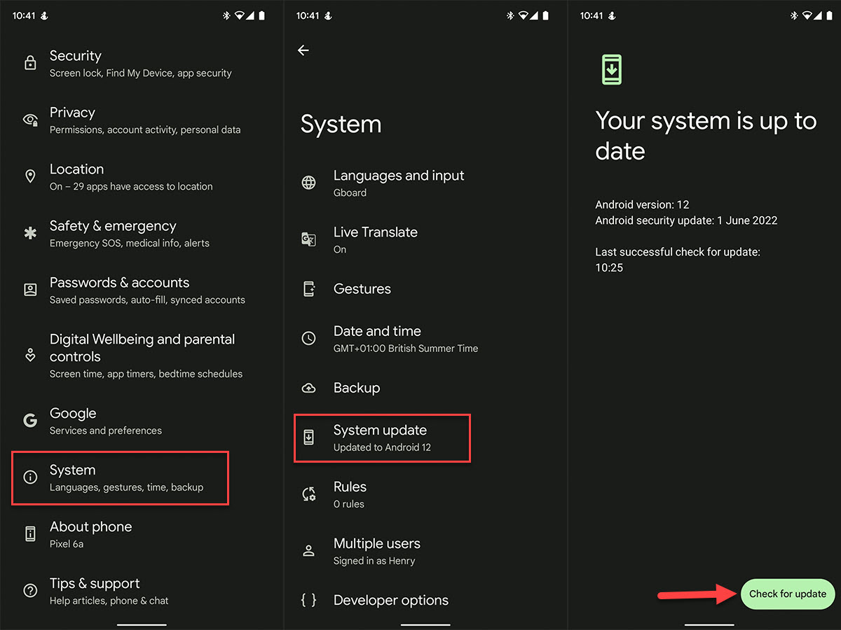 Checking for Android 13 update in Settings steps