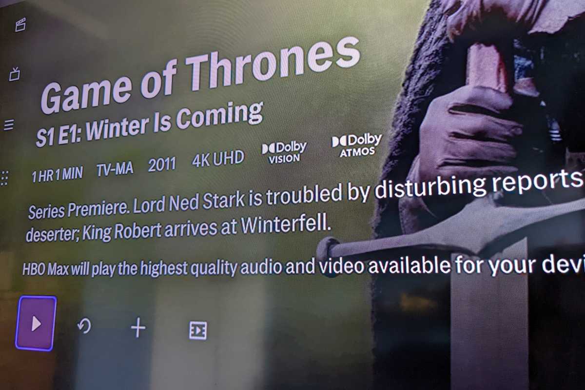 HBO Max 4K HDR, Dolby Vision, and Dolby Atmos indicators