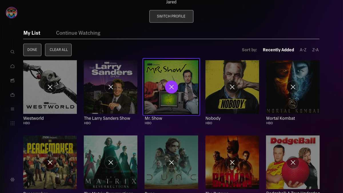 HBO Max watchlist menu with options to remove or clear all