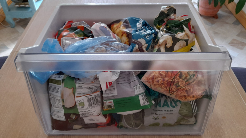 Hitachi freezer drawer filled with food to show its capacity