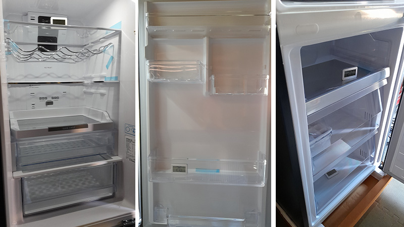 Three images of the Hitachi fridge and freezer interior