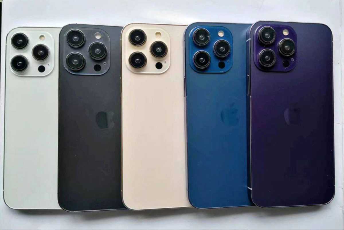 iPhone 14 Pro dummy models showing new purple and blue colors