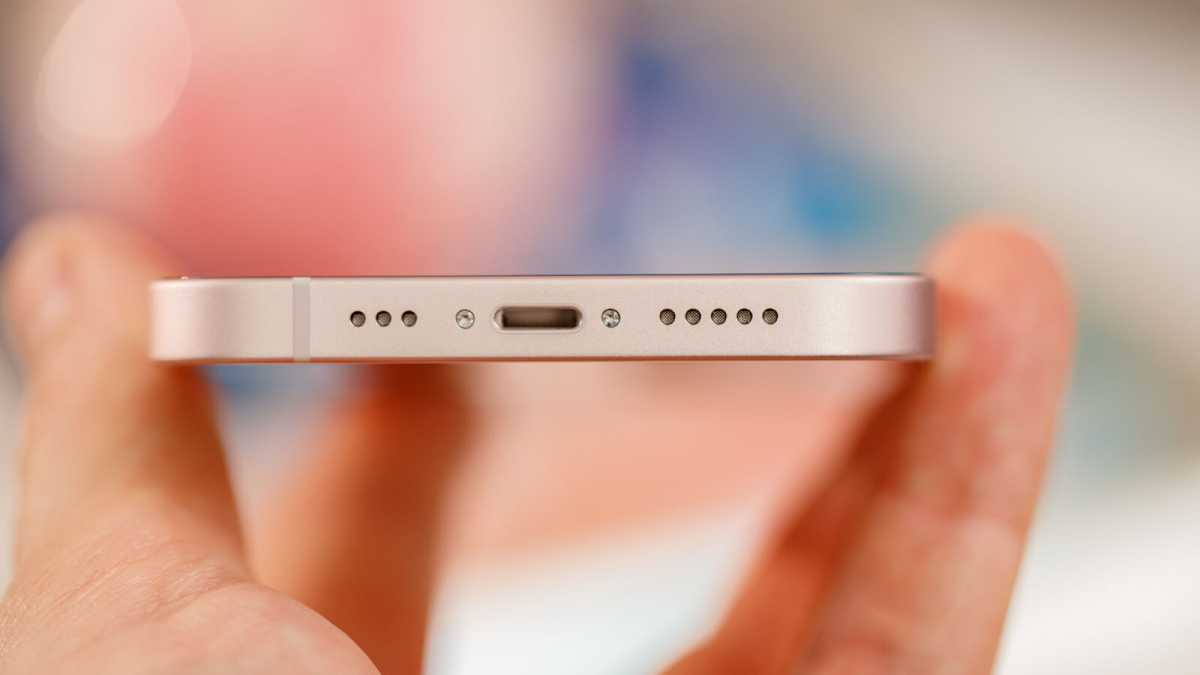 Close-up of the Lightning port on an iPhone 13