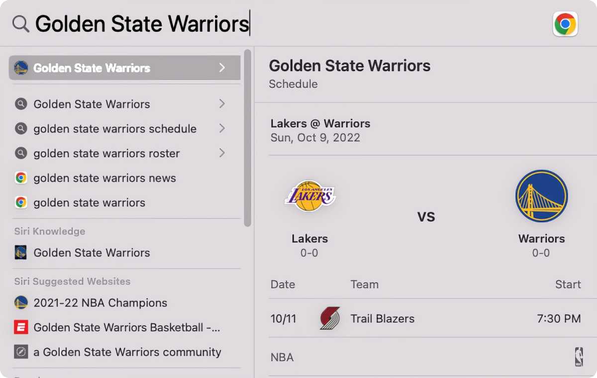 How the search results for "Golden State Warriors" appears in macOS Monterey Spotlight