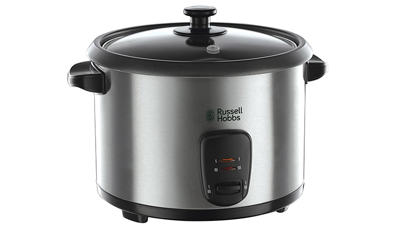 Silver rice cooker on a white backdrop
