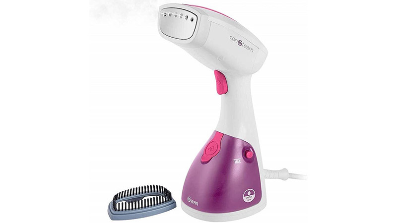 Pink and white handheld Swan garment steamer, on a white backdrop