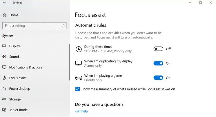 Windows 10 Focus Assist Settings