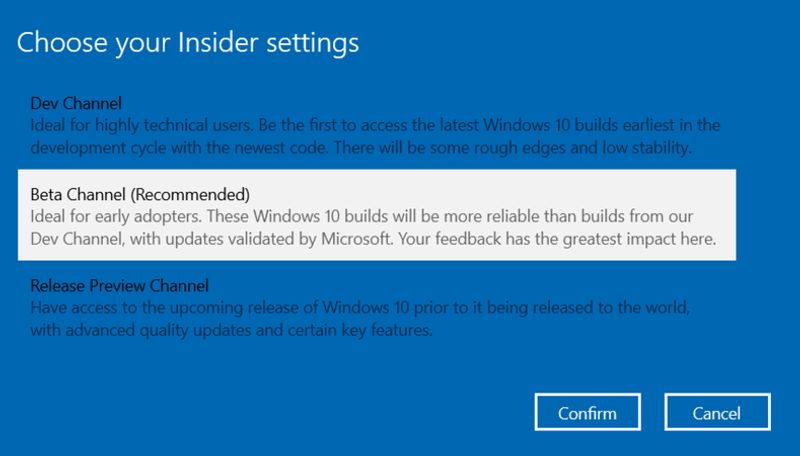 Windows Insider Program settings