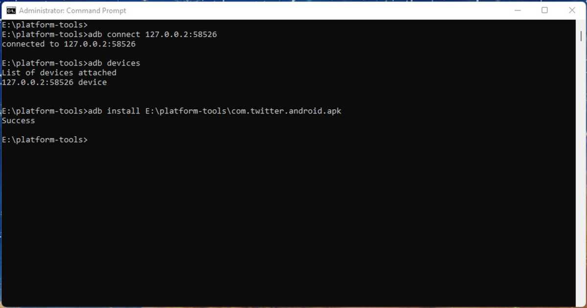 Windows 11 Android apk install command line