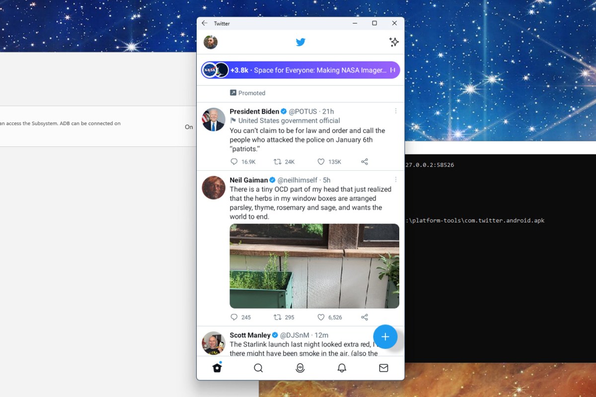 Twitter's Android app running on Windows 11