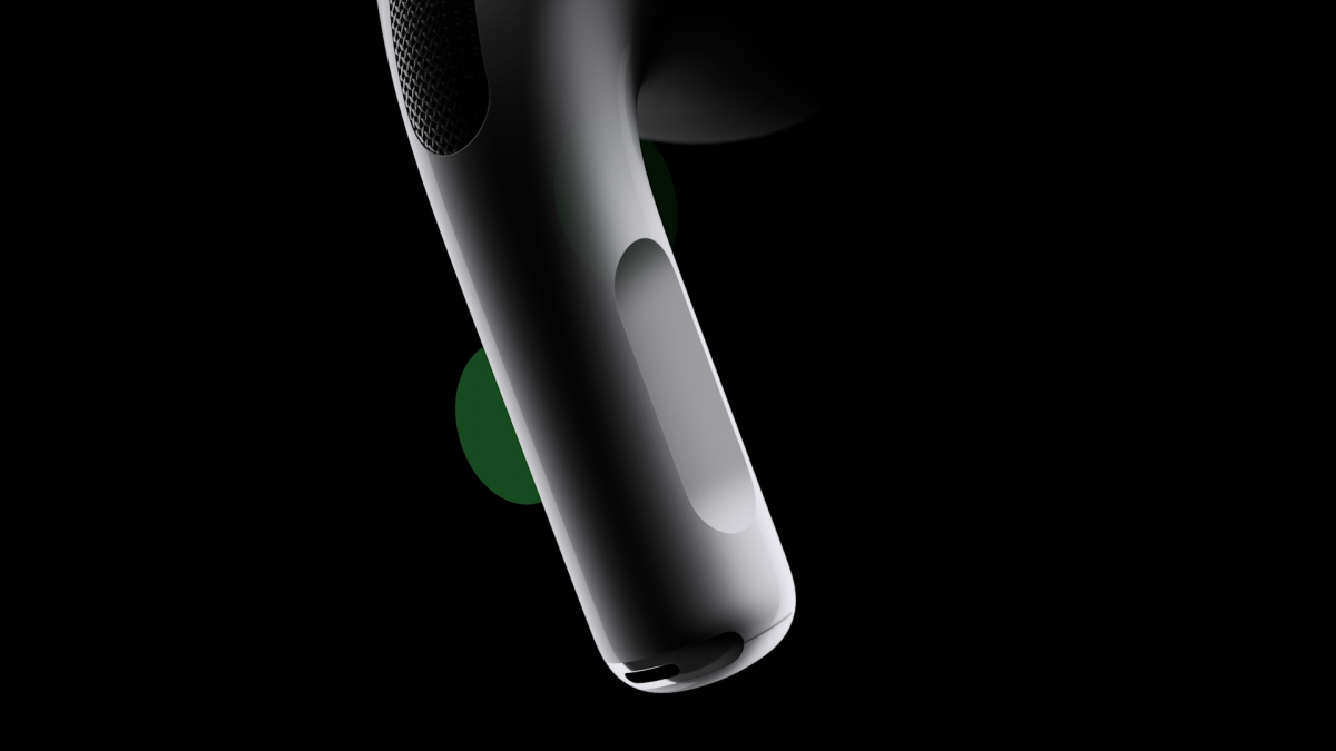Nahaufnahme des Stiels der Airpods Pro 2 mit grün markiertem Touch-Element.