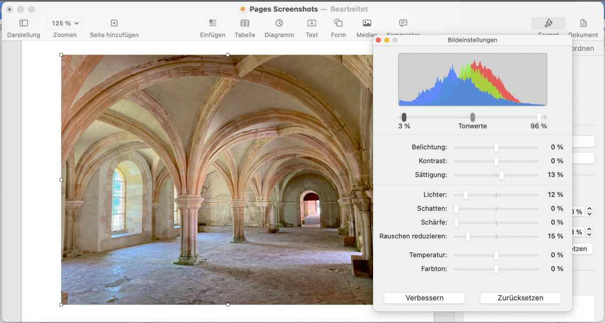 Pages bietet zwar einige Werkzeuge zum Bearbeiten von Bildern, besser macht man die Bildbearbeitung aber in Fotos.