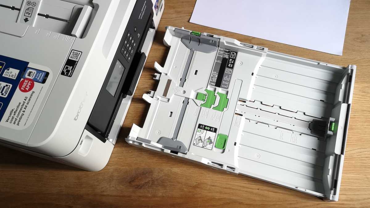 The paper tray of the Brother MFC-J5340DW printer, fully extended to accomodate A3 paper