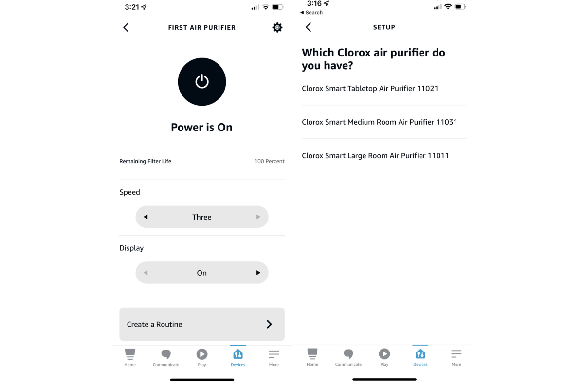 App screenshots from Clorox smart air purifier