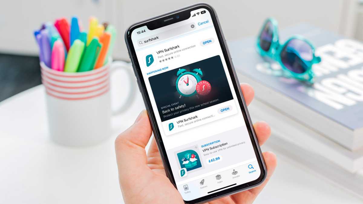 Phone with App Store showing Surfshark VPN