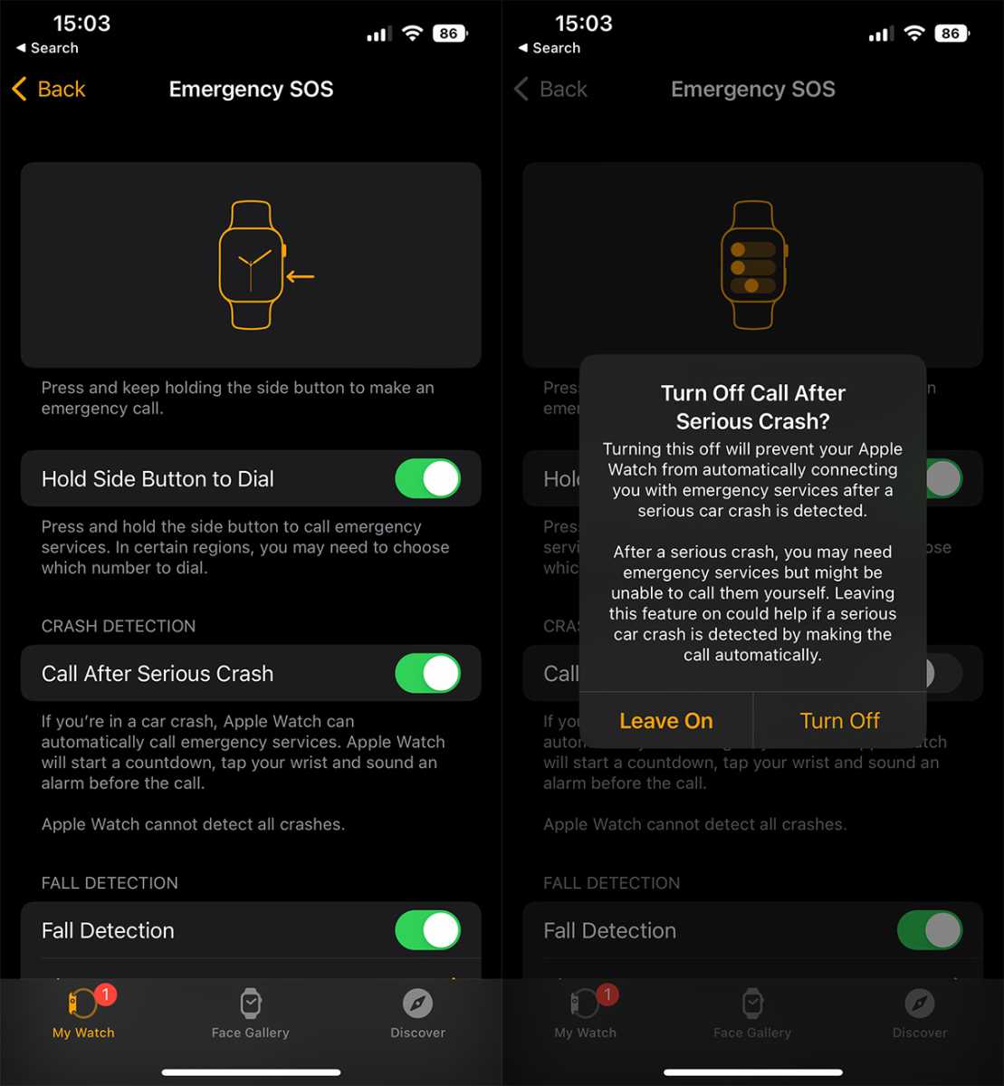 How to turn off crash detection on Apple Watch