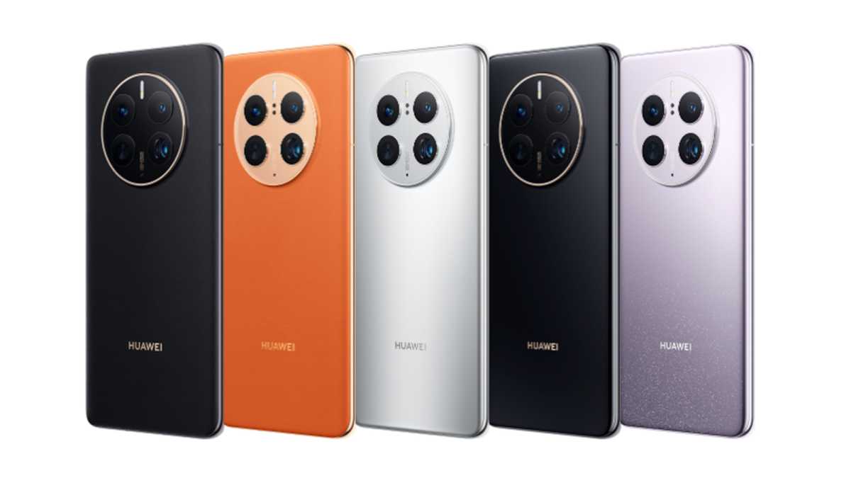 The Huawei Mate 50 Pro in black, orange, silver, and purple