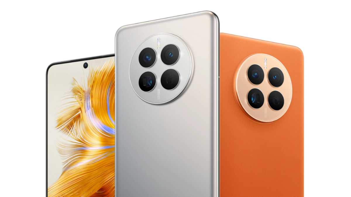 The Huawei Mate 50 in silver and orange