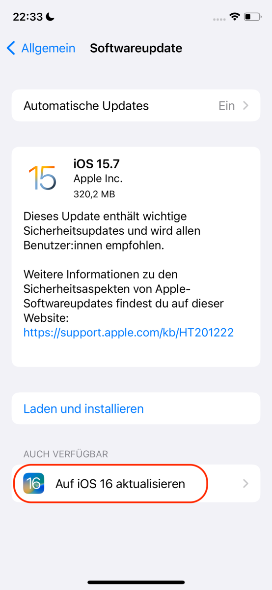 Auf iOS 16 aktualisieren 