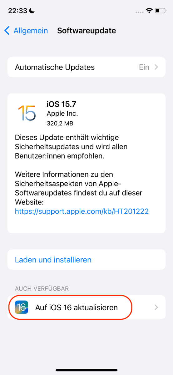 Auf iOS 16 aktualisieren